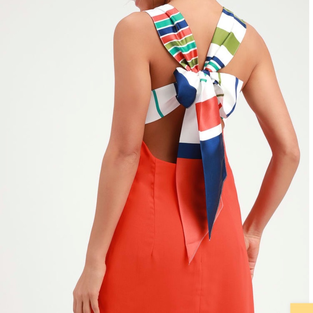 Lulus  Joyful Red Orange Multi Stripe Tie-Back Mini Dress